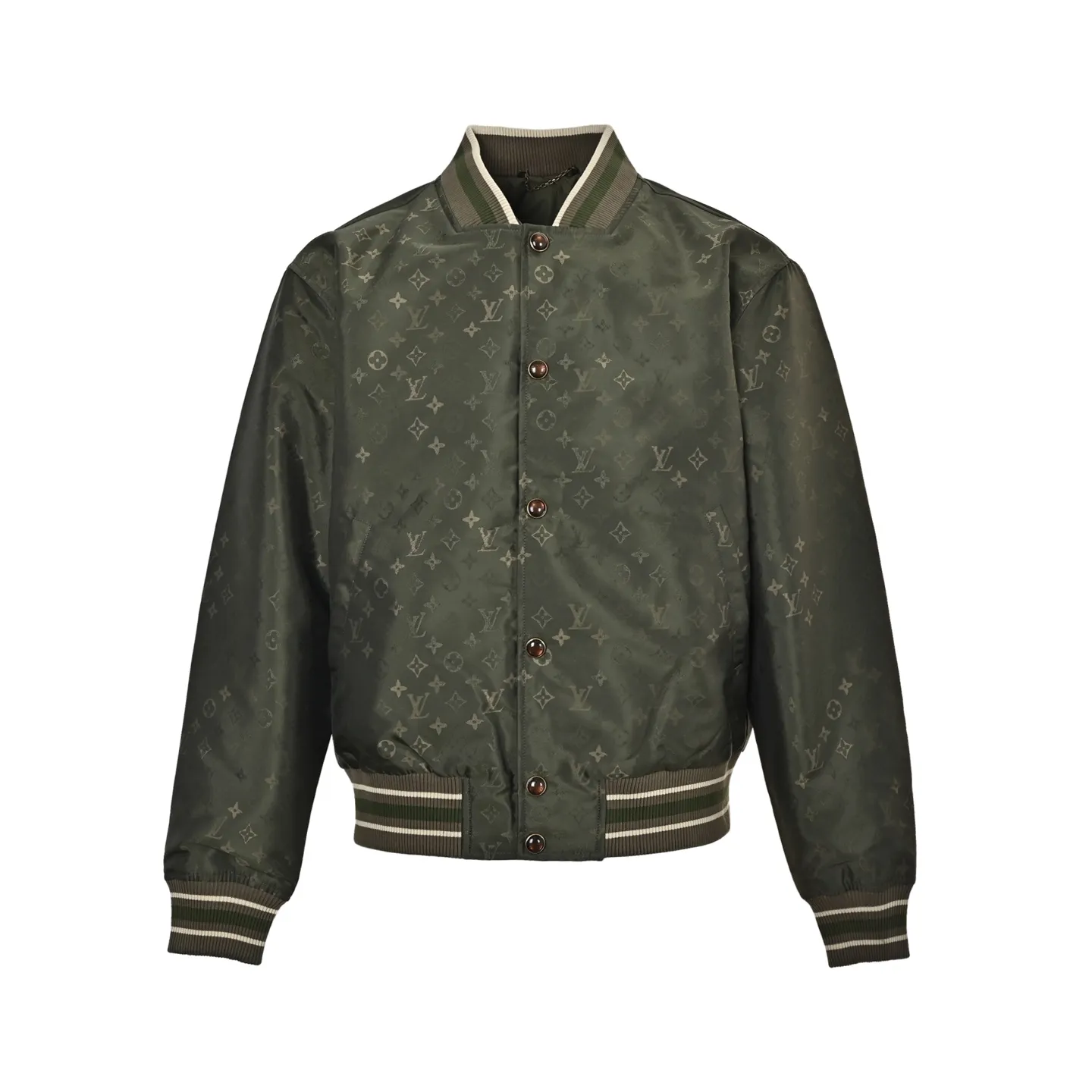 Louis Vuitton/Louis Vuitton olive green all-over printed old flower satin baseball jacket